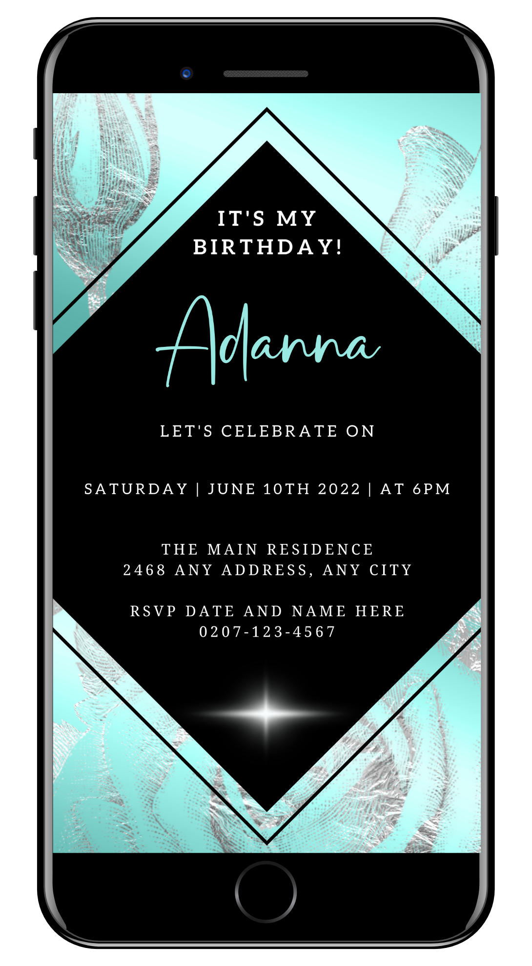 Teal Black Silver Floral Customisable Birthday Evite