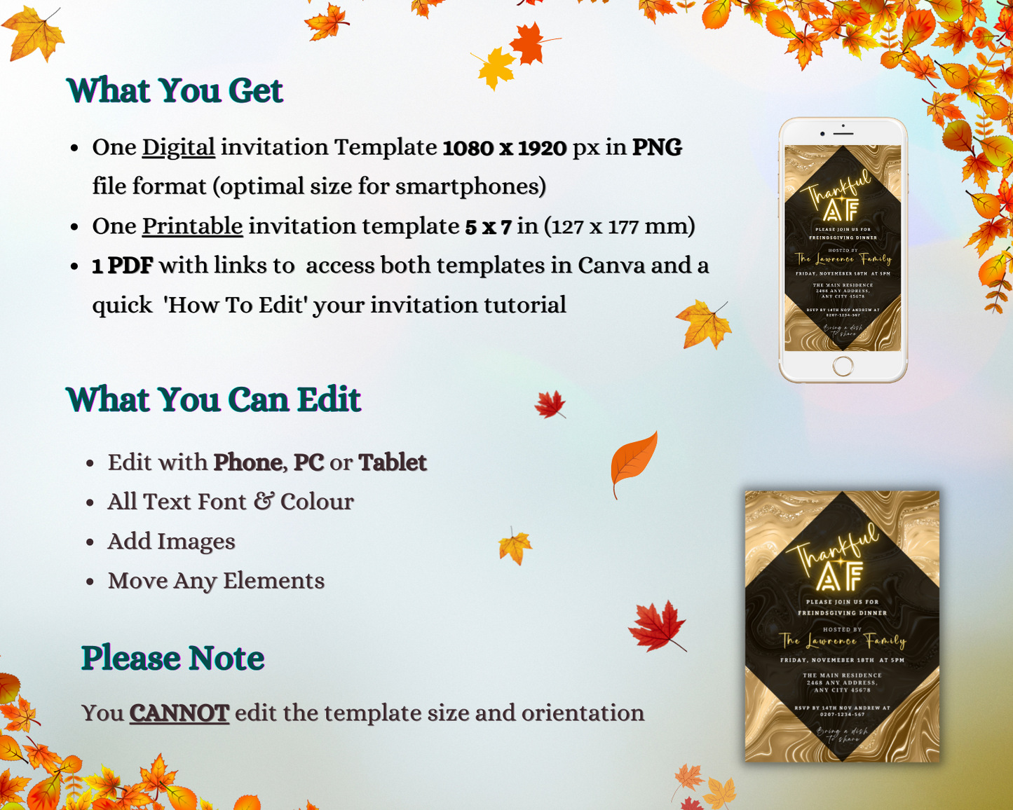 Gold Pumpkin Glitter Foil | Thankful AF Thanksgiving Evite displayed on a smartphone screen, alongside an editable invitation template.