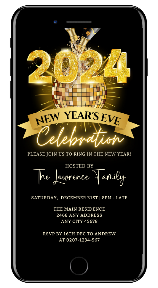 Gold Banner Champagne Splash | New Years Eve 2024 Party Evite
