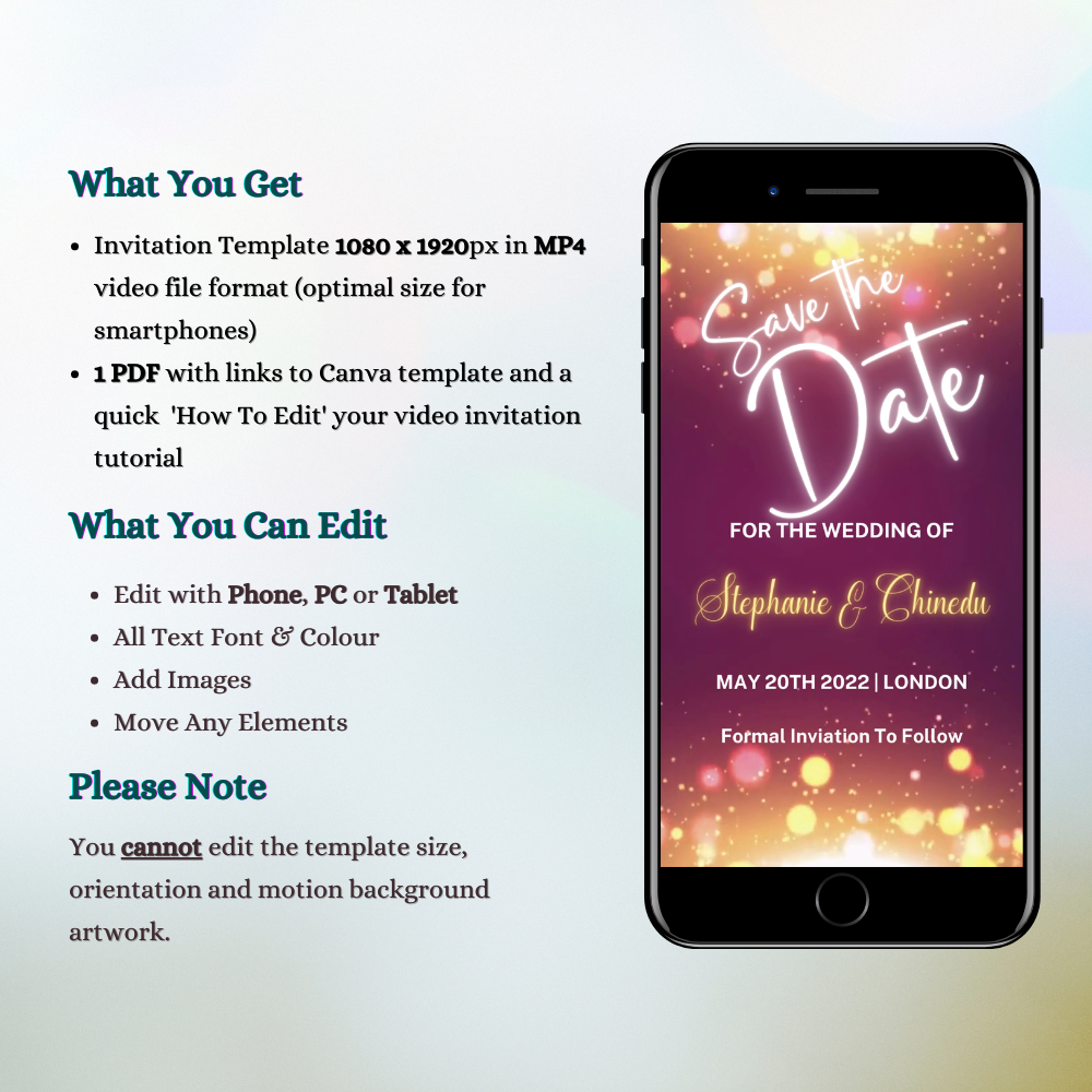 Maroon Gold Sparkle Save The Date Video Invitation displayed on a smartphone screen with editable text using the Canva design app.