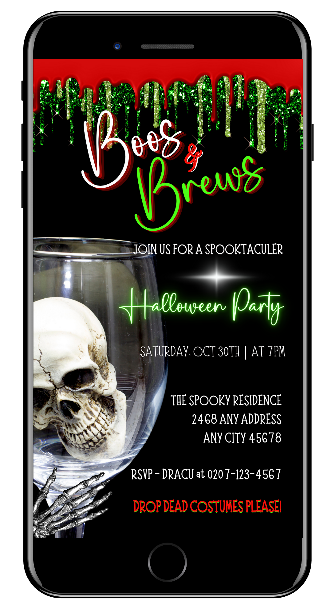 Boos & Brews Glass Skull Halloween Evite displayed on a smartphone screen, featuring a skull in a wine glass. Customizable via Canva for digital invitations.