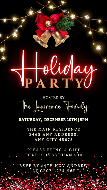 Gold Bell Red Neon Holiday Party Evite featuring festive bells and ornaments, customizable via Canva for digital invitations.