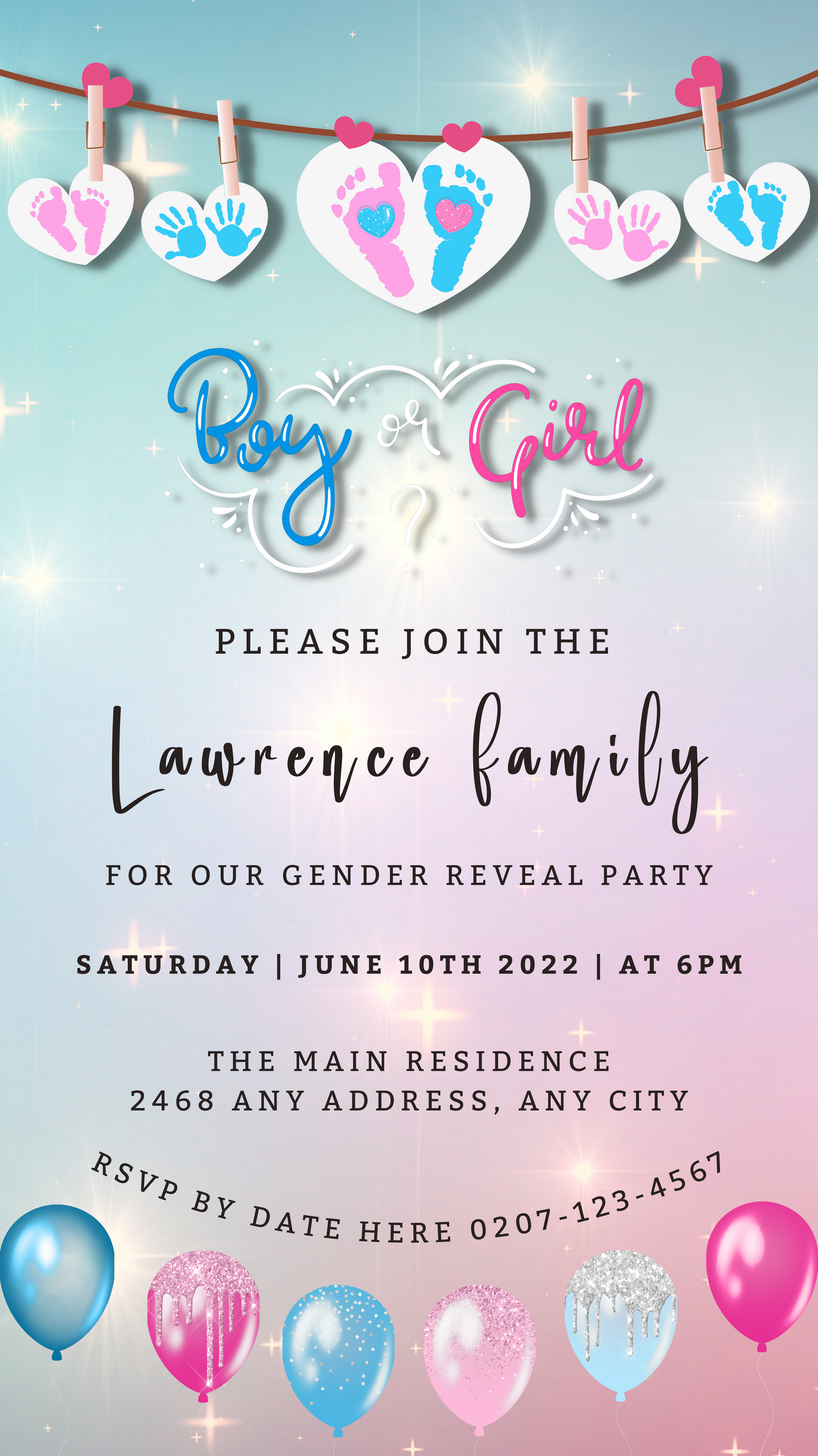 Customizable Sparkling Hanging Hearts Gender Reveal Evite with stars and text, featuring downloadable templates for easy editing and electronic sharing via Canva.