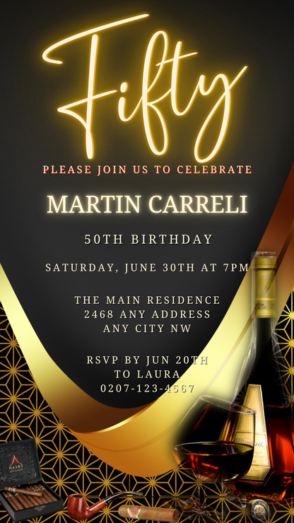 Black Neon Gold Cigar-themed digital invitation for men's 50th birthday, featuring a customizable template with wine and cigars, editable via Canva for smartphone sharing.