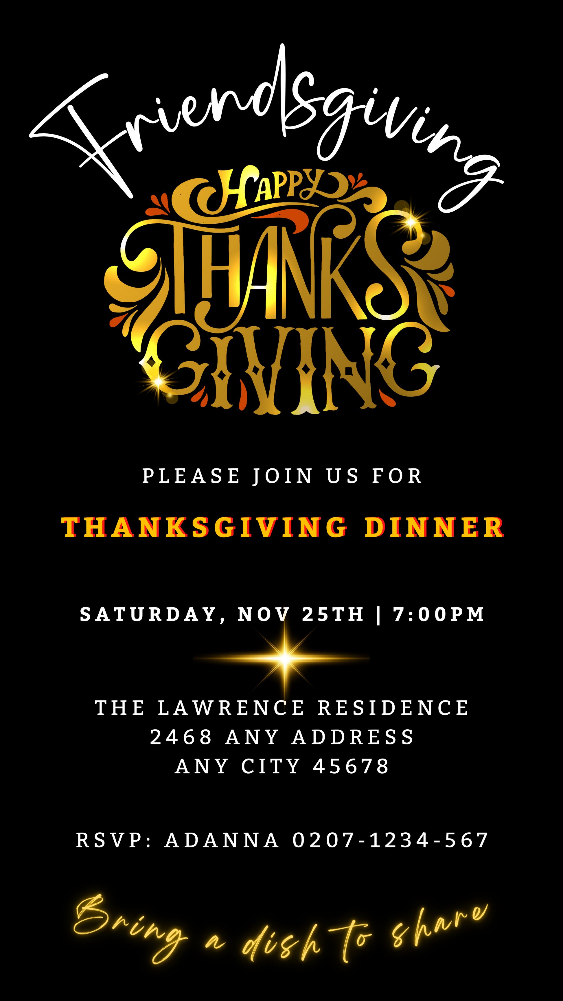 Gold Red Neon Black | Friendsgiving Thanksgiving Evite template with customizable golden text on a black background, editable via Canva, for digital sharing via text, email, and social media.