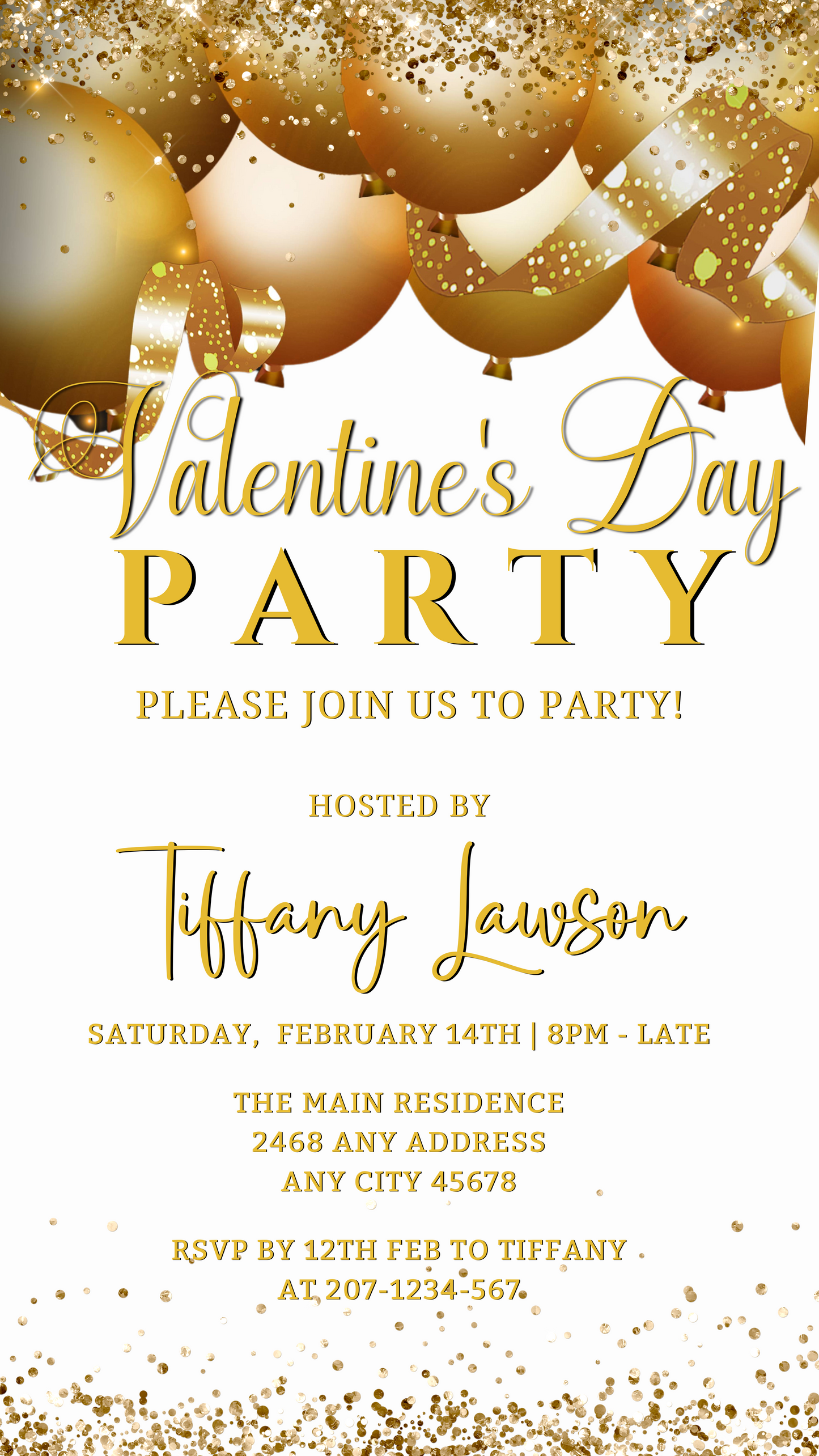 White Gold Glitter Balloons Valentines Party Evite featuring a customizable digital invitation with gold balloons and ribbons. Ideal for easy editing via Canva and electronic sharing.