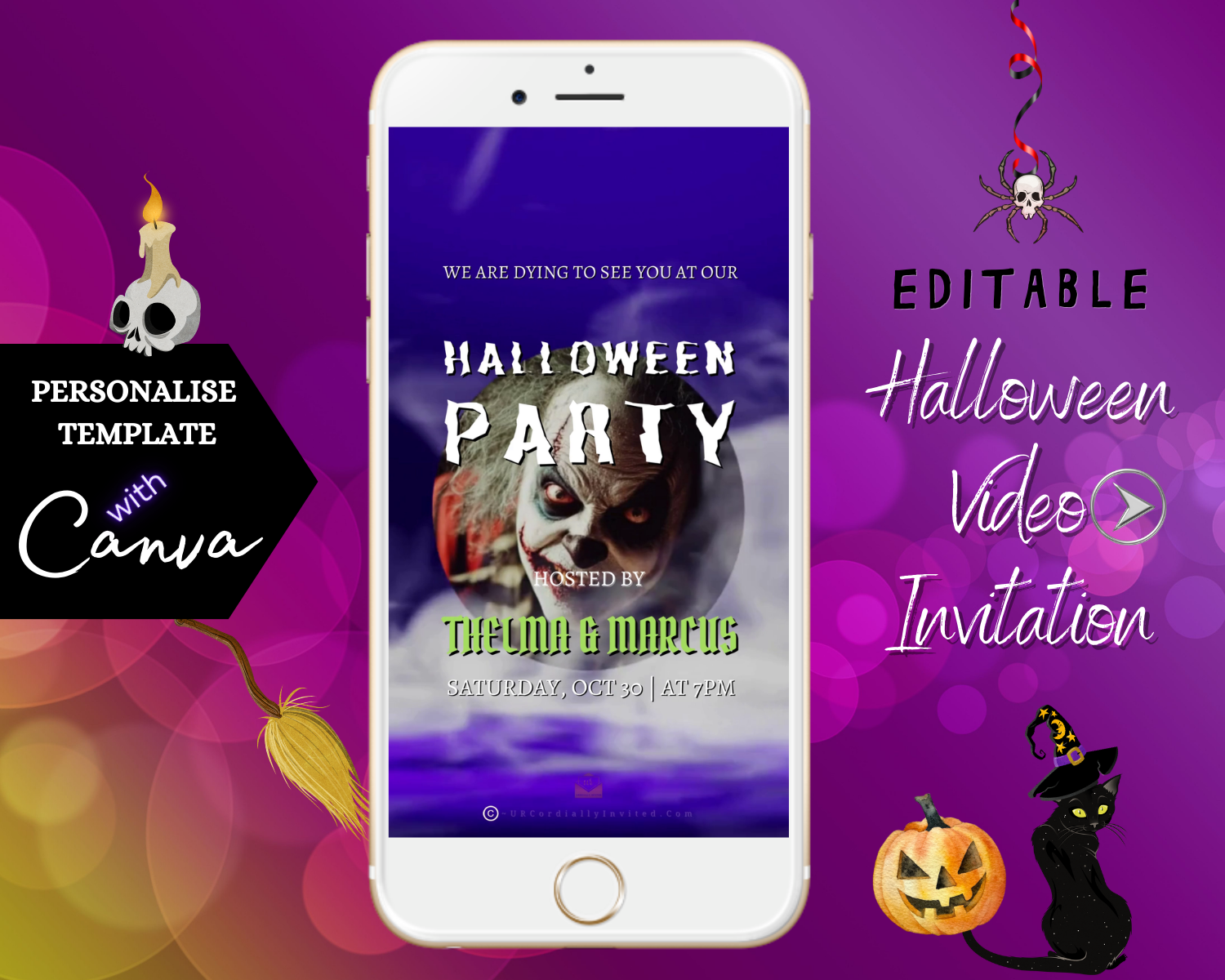 White cell phone displaying the Misty Purple Smoke Pumpkin Halloween Party Video Invite with a spooky animated pumpkin and swirling purple smoke.