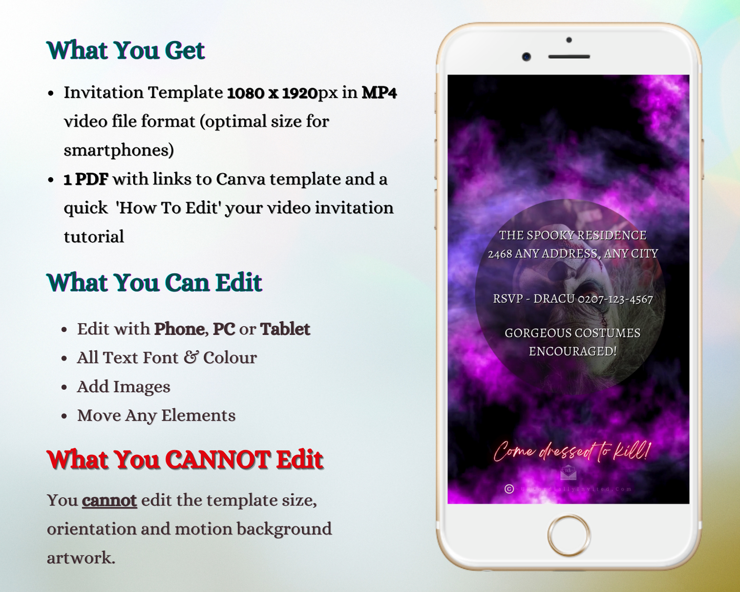 Close-up of a smartphone displaying the Misty Purple Smoke Pumpkin Halloween Party Video Invite, featuring an animated pumpkin surrounded by swirling purple smoke.