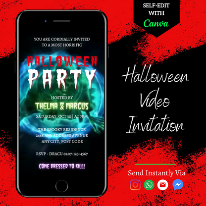 Scary Neon Ghost | Halloween Party Video Invite displayed on a mobile phone, showcasing a customizable digital invitation with ghost and skull graphics.