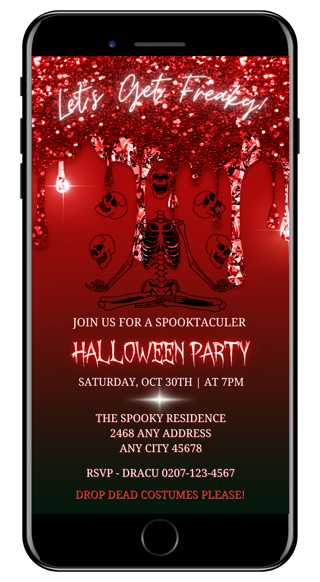 Red Dripping Skeleton Joggling Skulls | Halloween Evite displayed on a cell phone screen, showcasing customizable invitation text and graphics with a spooky theme.