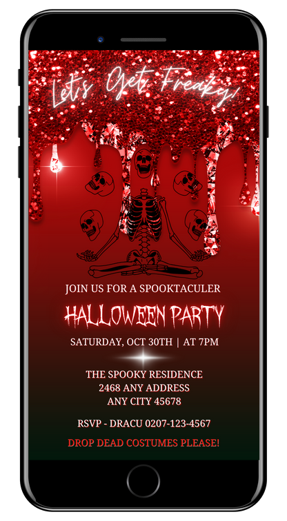 Red Dripping Skeleton Joggling Skulls | Halloween Evite displayed on a cell phone screen, showcasing customizable invitation text and graphics with a spooky theme.