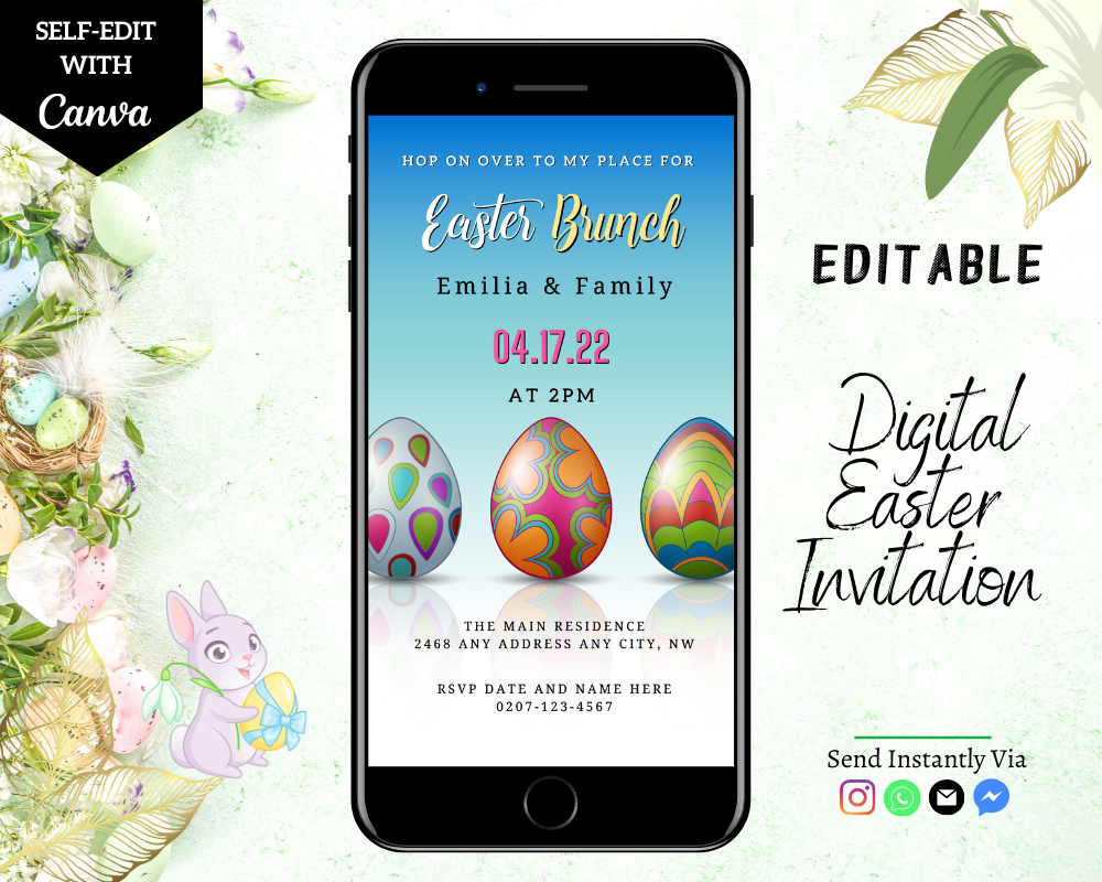 Smartphone displaying a Retro Colourful Easter Eggs | Easter Brunch Party Evite template with a cartoon bunny and eggs, editable via Canva for personalized invitations.