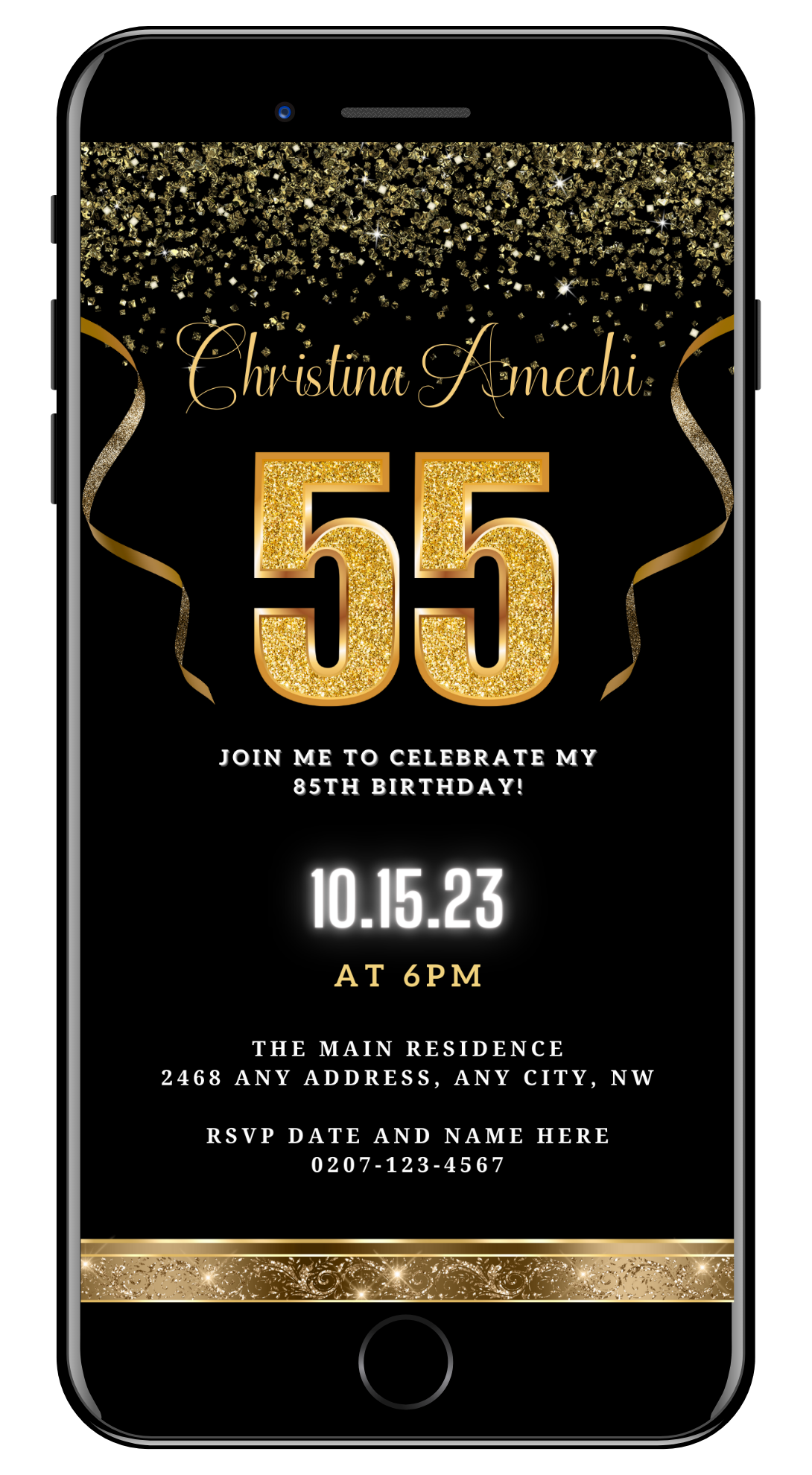 Black and gold digital 55th birthday evite with customizable text and confetti design, ideal for electronic sharing via smartphones and other devices.