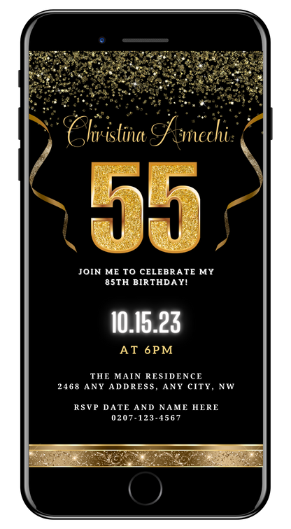 Black and gold digital 55th birthday evite with customizable text and confetti design, ideal for electronic sharing via smartphones and other devices.