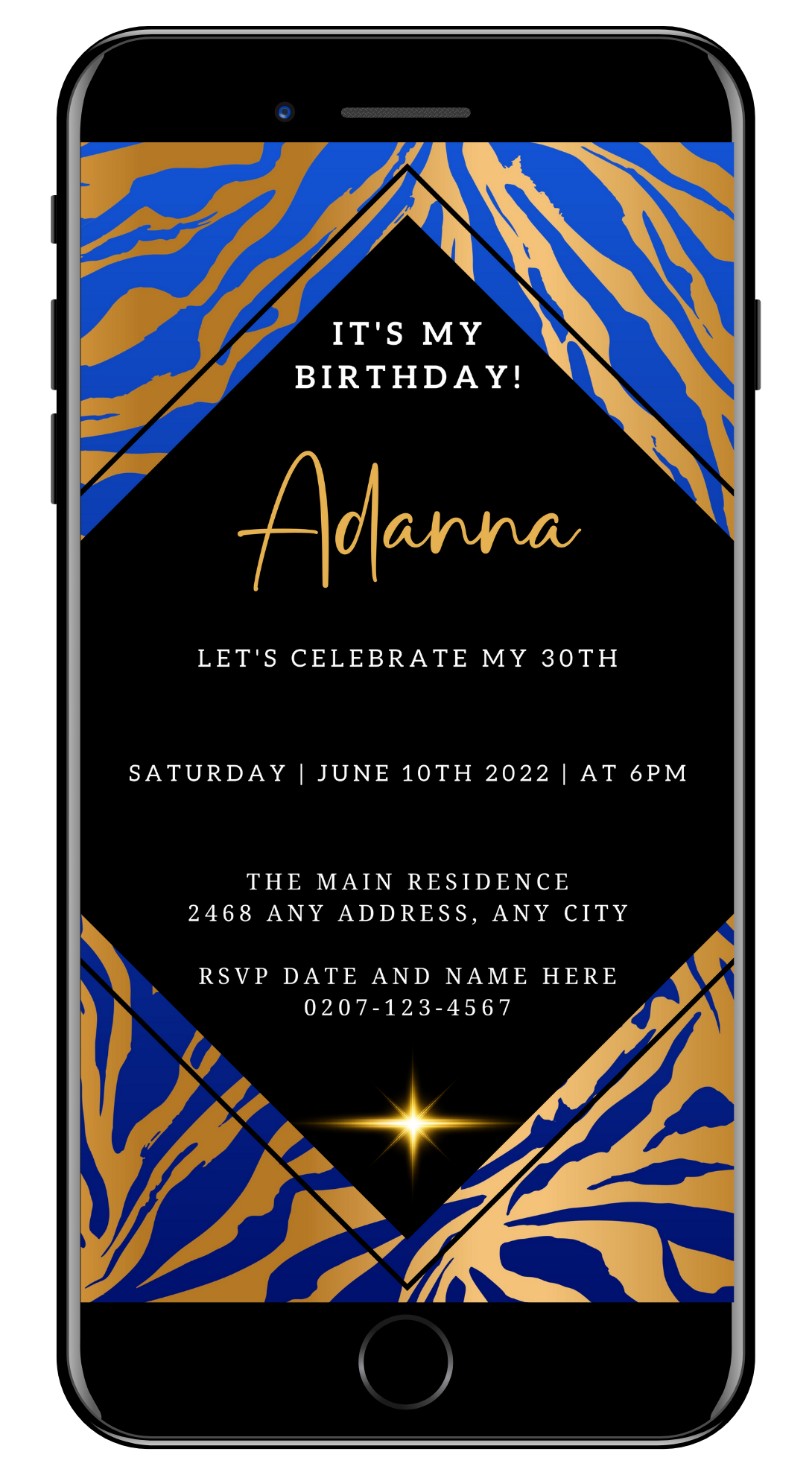 Editable Digital Blue Lilac Animal Print Party Evite on smartphone screen, showcasing customisable invitation template for events via Canva.