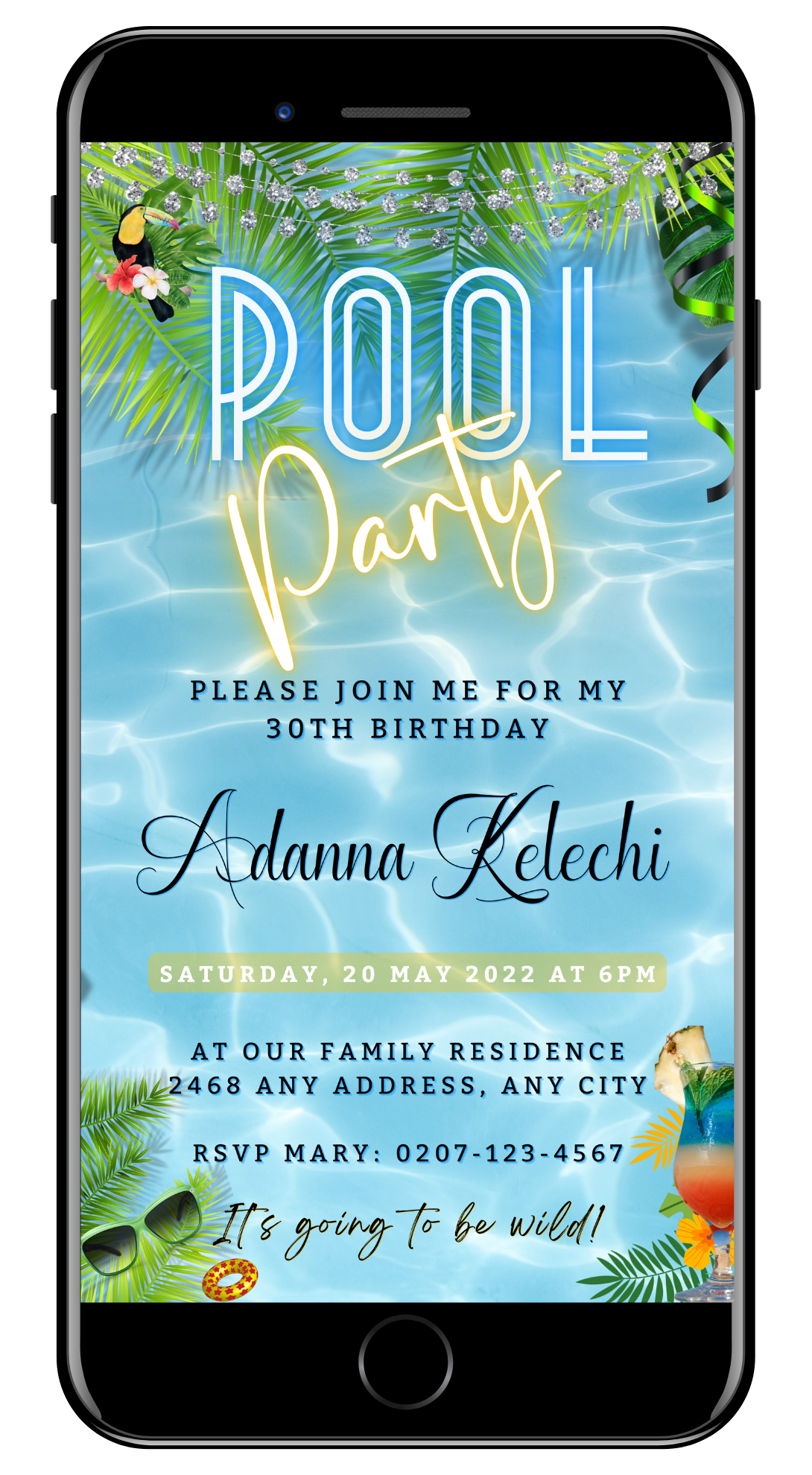 Digital Luau Pool Party Invitation displayed on a smartphone, customizable via Canva for easy digital sharing through text, email, or messenger apps.