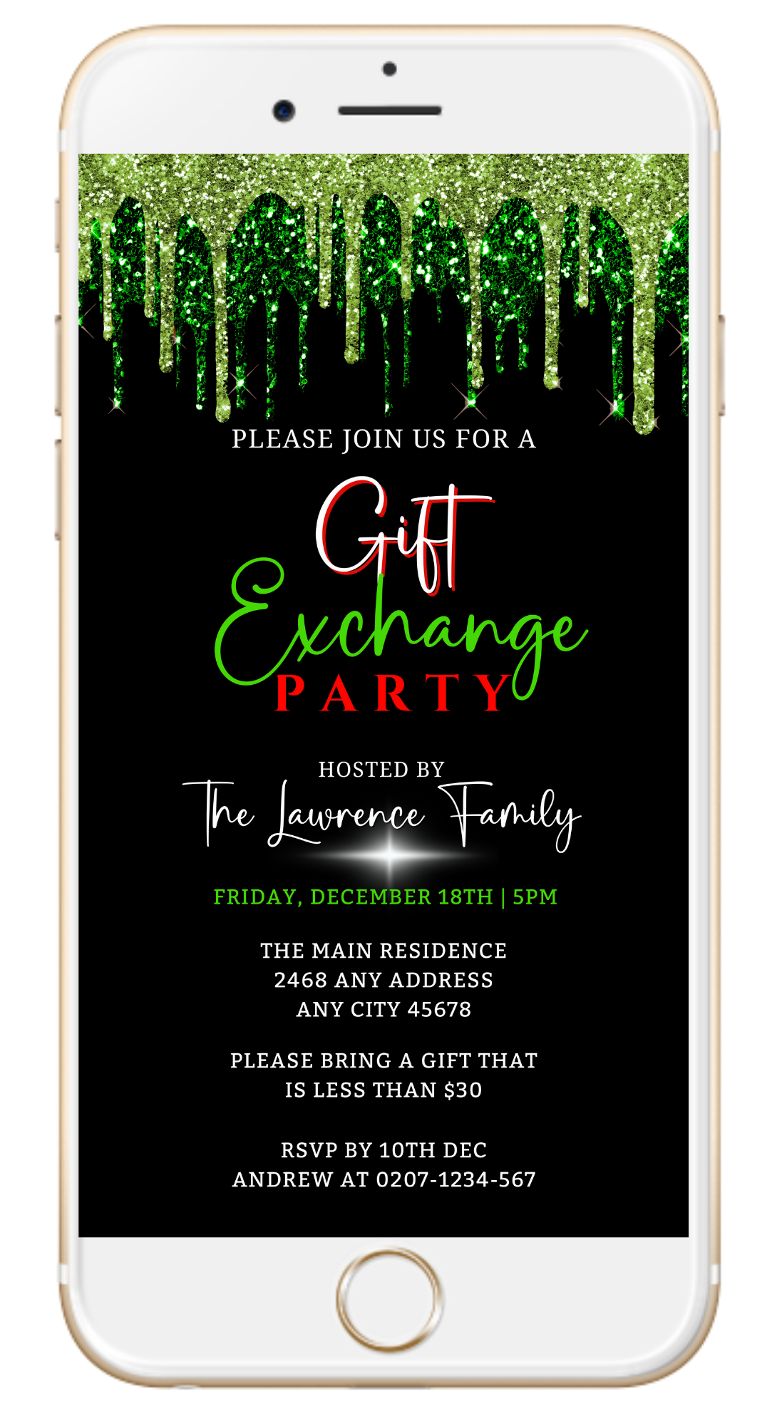 Green Drip Gift Exchange | Party Invitation displayed on a phone screen, featuring customizable text and design for digital sharing via various messaging apps.