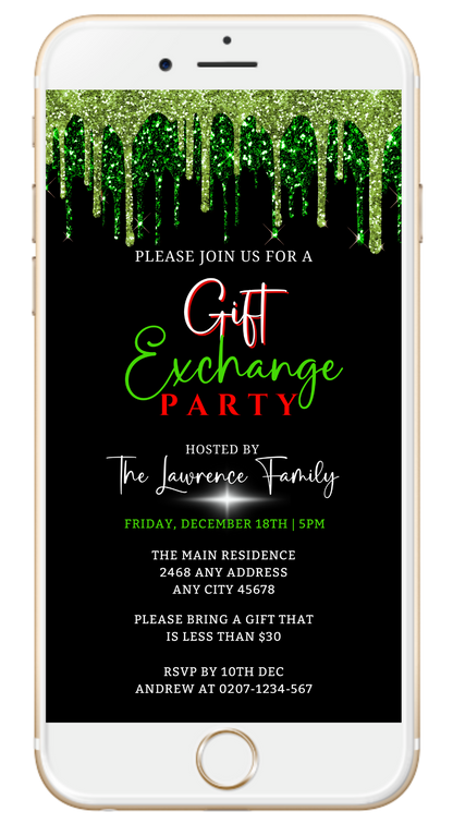 Green Drip Gift Exchange | Party Invitation displayed on a phone screen, featuring customizable text and design for digital sharing via various messaging apps.