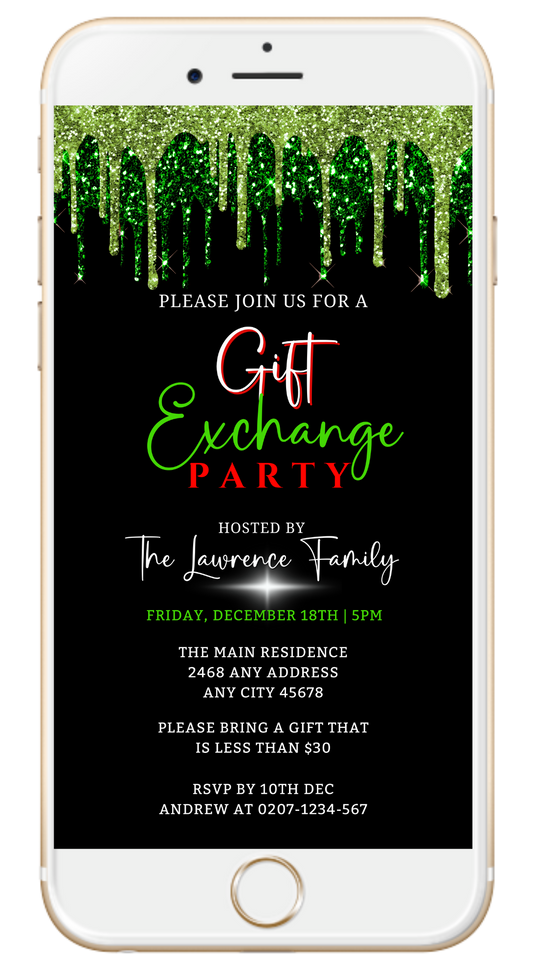 Green Drip Gift Exchange | Party Invitation displayed on a phone screen, featuring customizable text and design for digital sharing via various messaging apps.