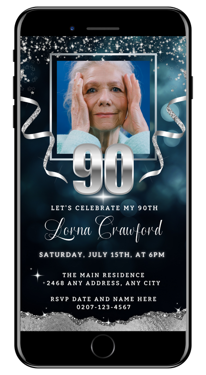 Navy Blue Silver Glitter 90th Birthday Evite displayed on a smartphone screen, featuring a woman touching her face, customizable via Canva.