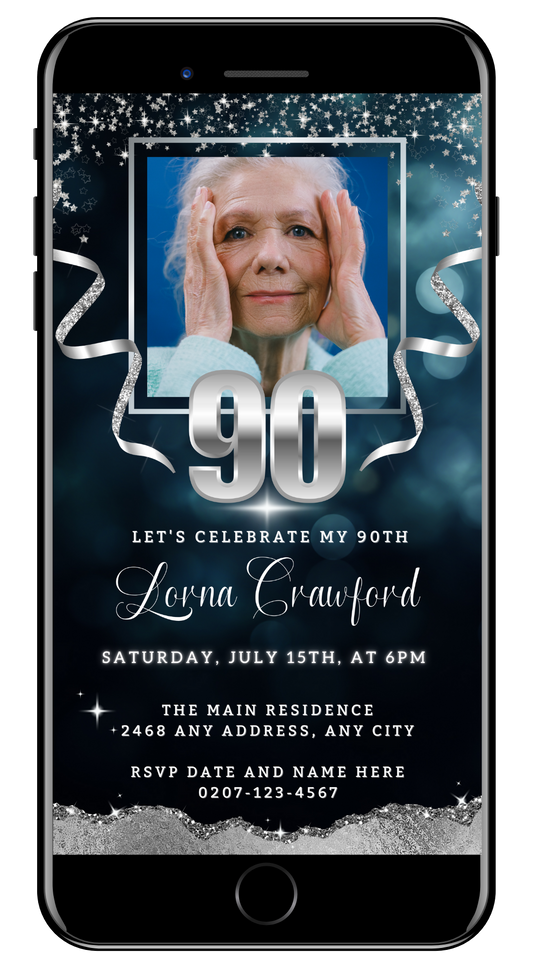 Navy Blue Silver Glitter 90th Birthday Evite displayed on a smartphone screen, featuring a woman touching her face, customizable via Canva.