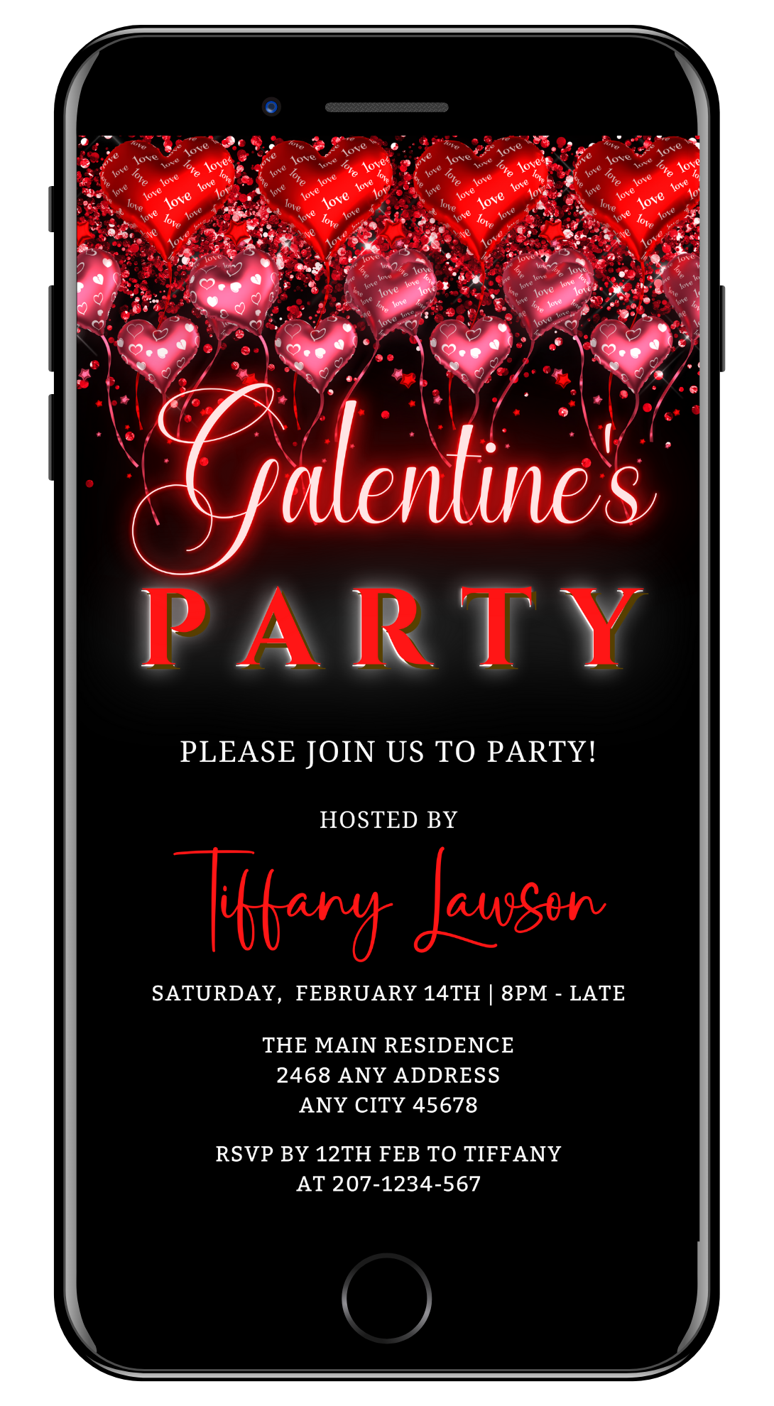 Floating Red Heart Balloons Galentines Party Evite displayed on a smartphone screen, featuring editable text and graphics for customizable digital invitations.