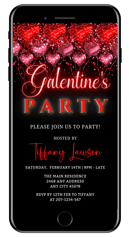 Floating Red Heart Balloons Galentines Party Evite displayed on a smartphone screen, featuring editable text and graphics for customizable digital invitations.