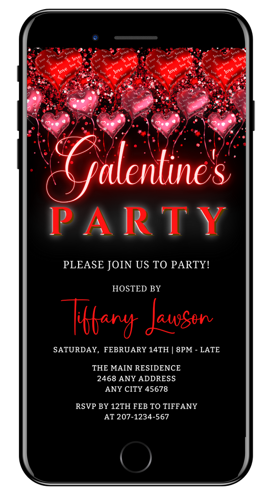 Floating Red Heart Balloons Galentines Party Evite displayed on a smartphone screen, featuring editable text and graphics for customizable digital invitations.