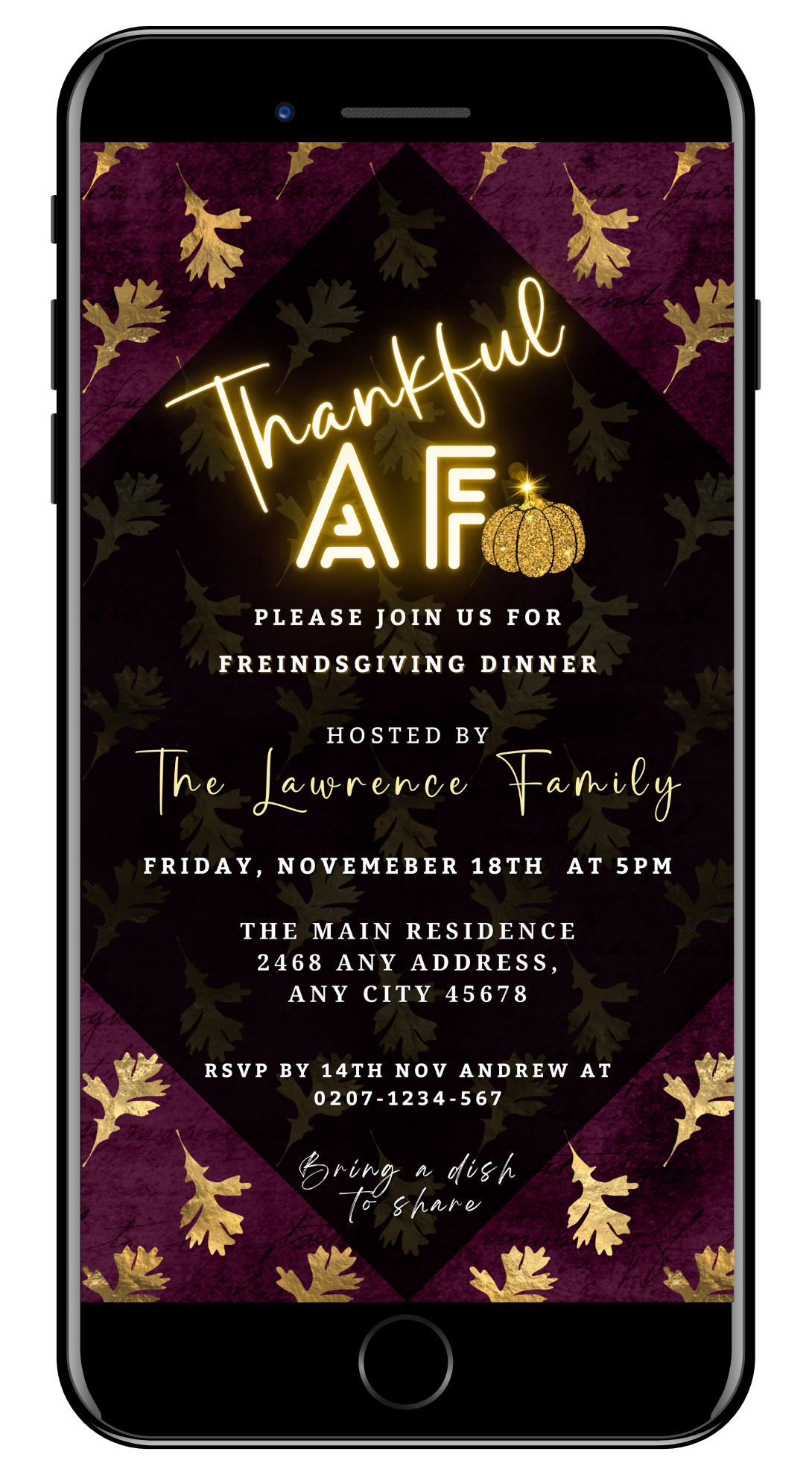 Maroon Gold Falling Leaves | Thankful AF Thanksgiving Evite displayed on a mobile phone screen, showcasing a customizable digital invitation template with festive elements.