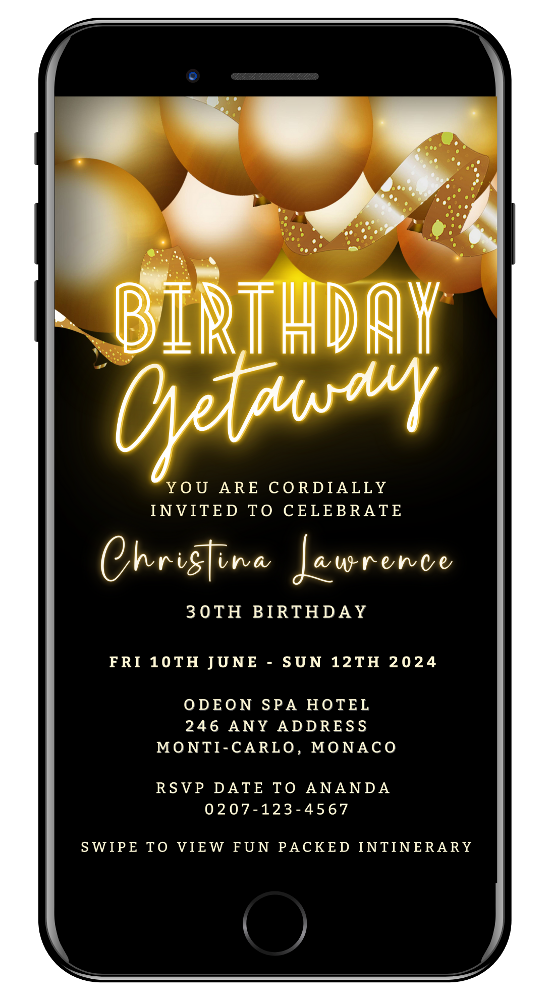 Black Neon Gold Balloons | 7 Day Getaway Birthday Evite displayed on a smartphone screen, featuring editable text and graphics for a customizable digital invitation.