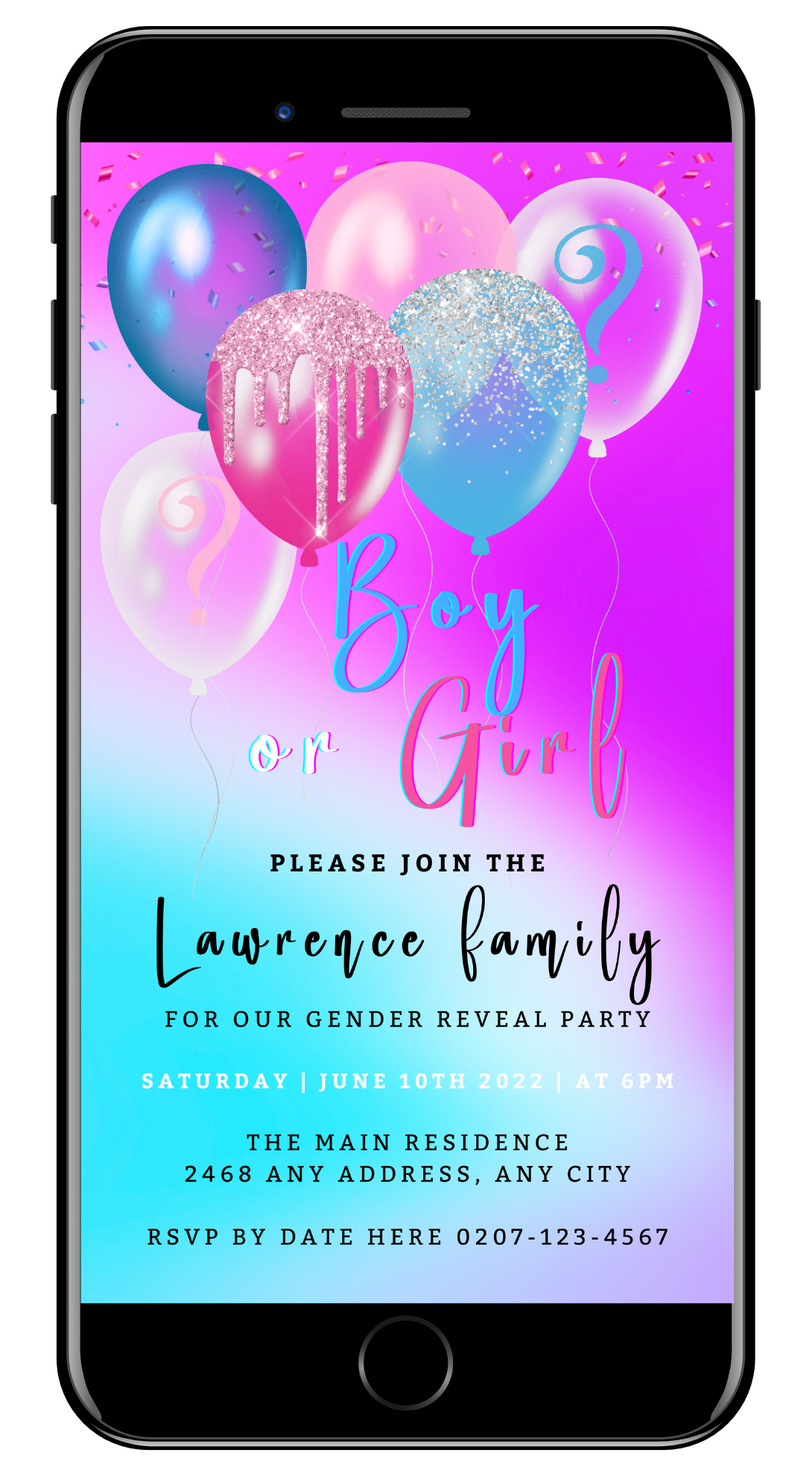 Customisable Digital Dreamy Cloud Floating Balloons Gender Reveal Evite for smartphones, featuring a pink and blue background with balloons and glitter elements.