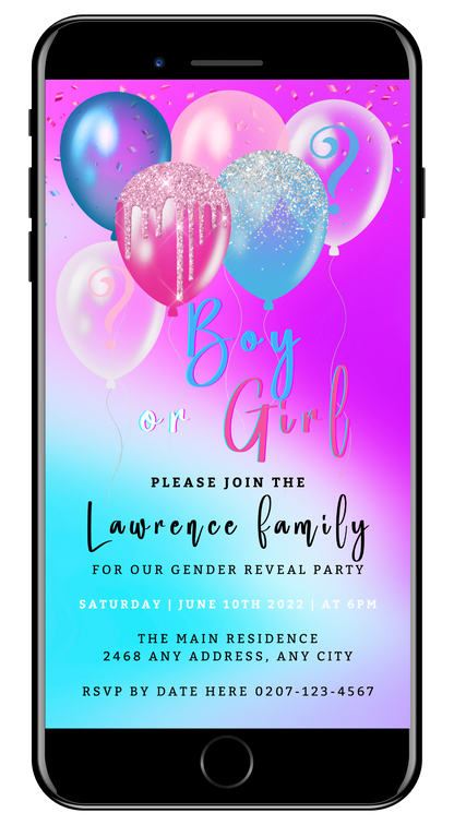 Customisable Digital Dreamy Cloud Floating Balloons Gender Reveal Evite for smartphones, featuring a pink and blue background with balloons and glitter elements.