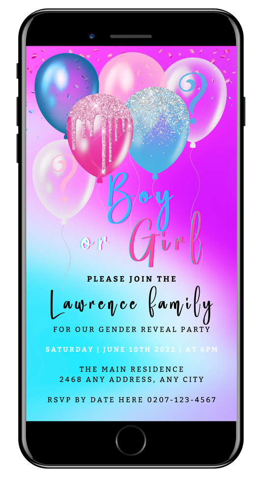 Customisable Digital Dreamy Cloud Floating Balloons Gender Reveal Evite for smartphones, featuring a pink and blue background with balloons and glitter elements.