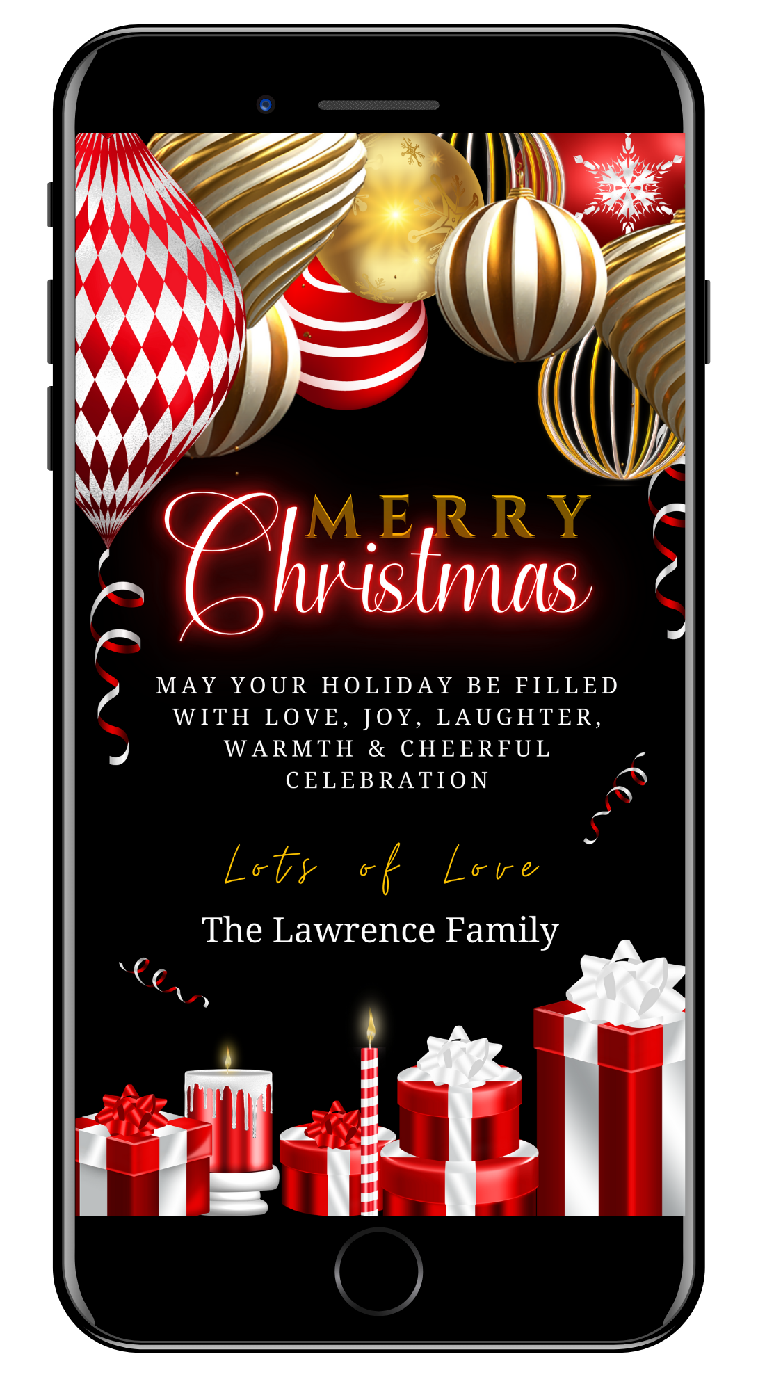 Gold Red Neon Presents | Merry Christmas Greeting Ecard displayed on a smartphone screen with festive balloons, gifts, and ornaments.
