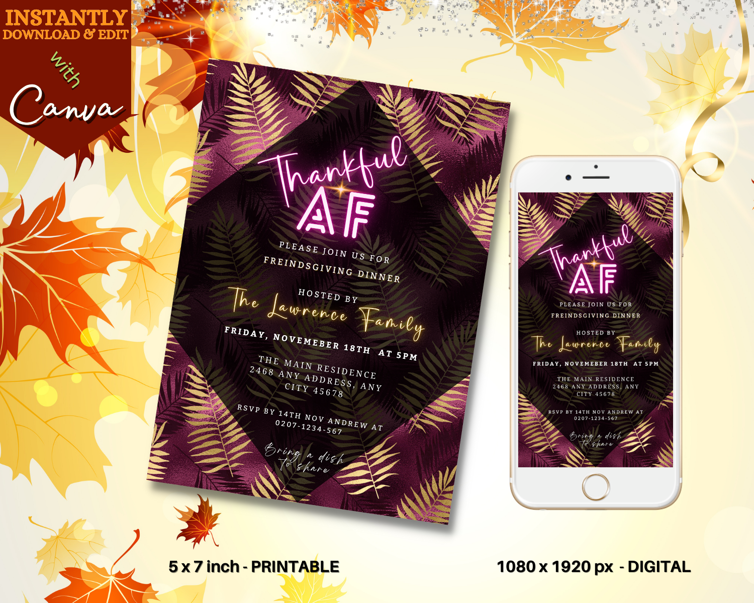 Phone displaying Thankful AF Purple Gold leaves Thanksgiving Dinner Evite next to a similar printed invitation.