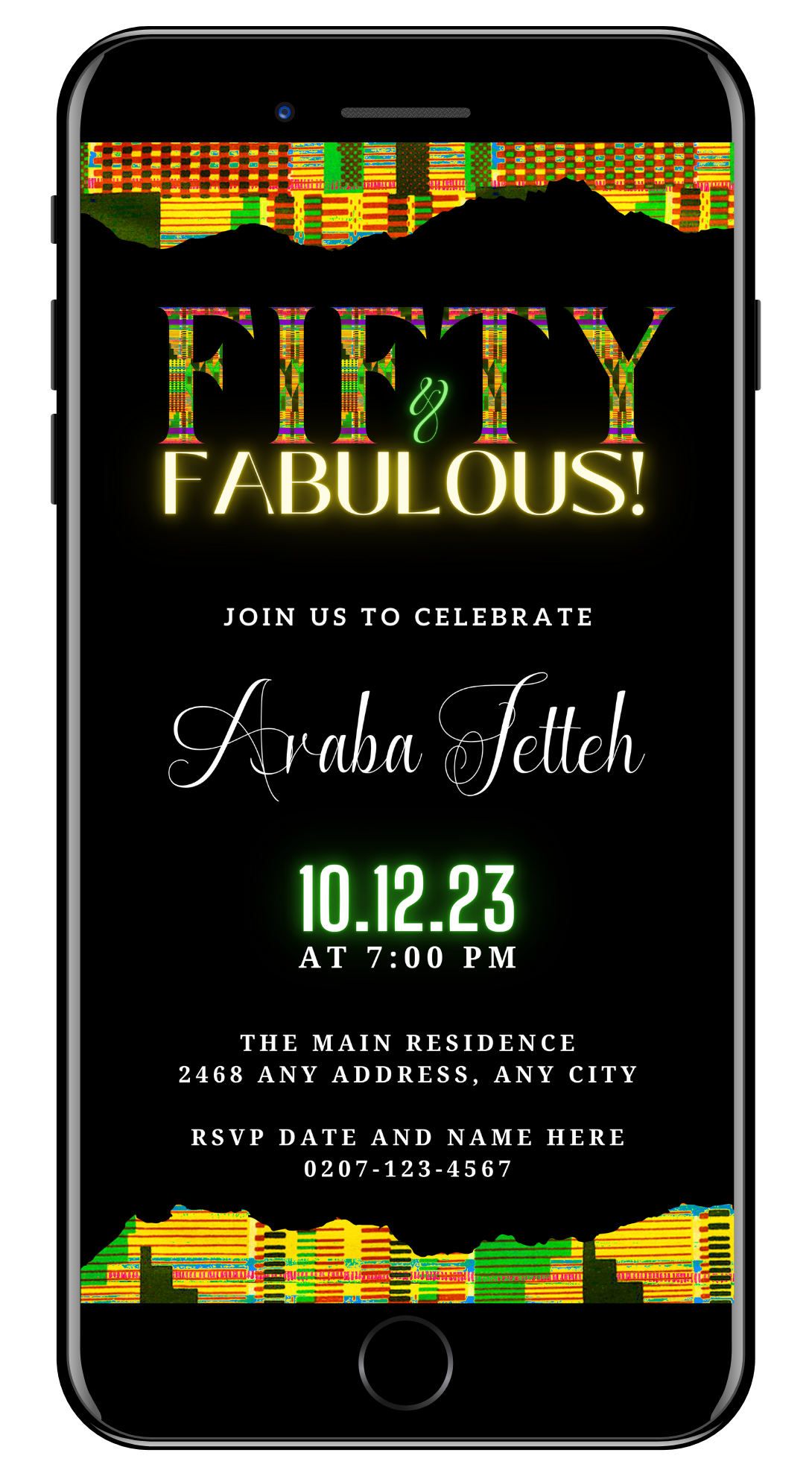 Customizable Digital Green Yellow Kente Black | 50 & Fabulous Party Evite, showing a stylish black invitation with colorful text, designed for editing via Canva.