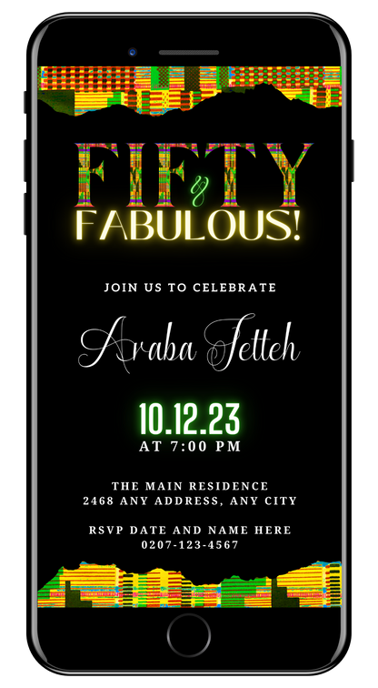 Customizable Digital Green Yellow Kente Black | 50 & Fabulous Party Evite, showing a stylish black invitation with colorful text, designed for editing via Canva.