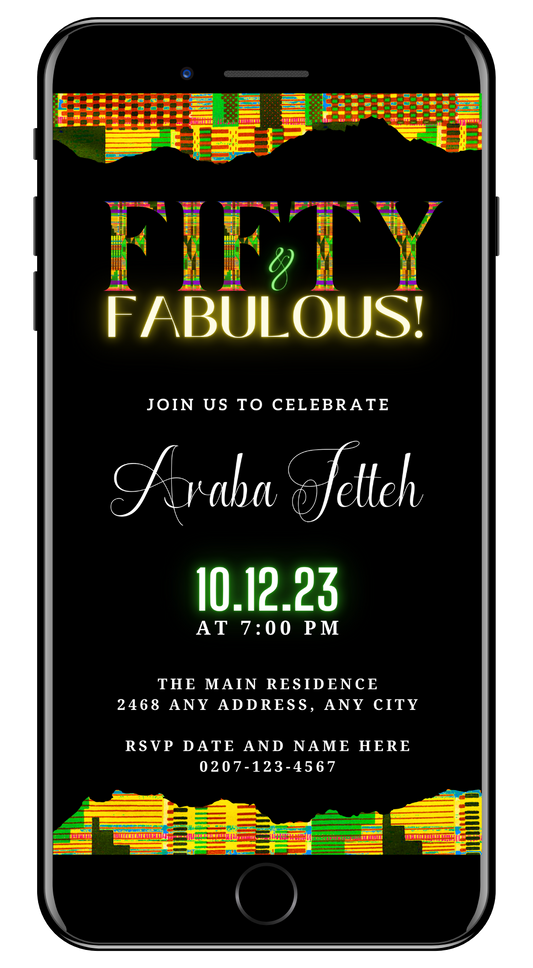 Customizable Digital Green Yellow Kente Black | 50 & Fabulous Party Evite, showing a stylish black invitation with colorful text, designed for editing via Canva.