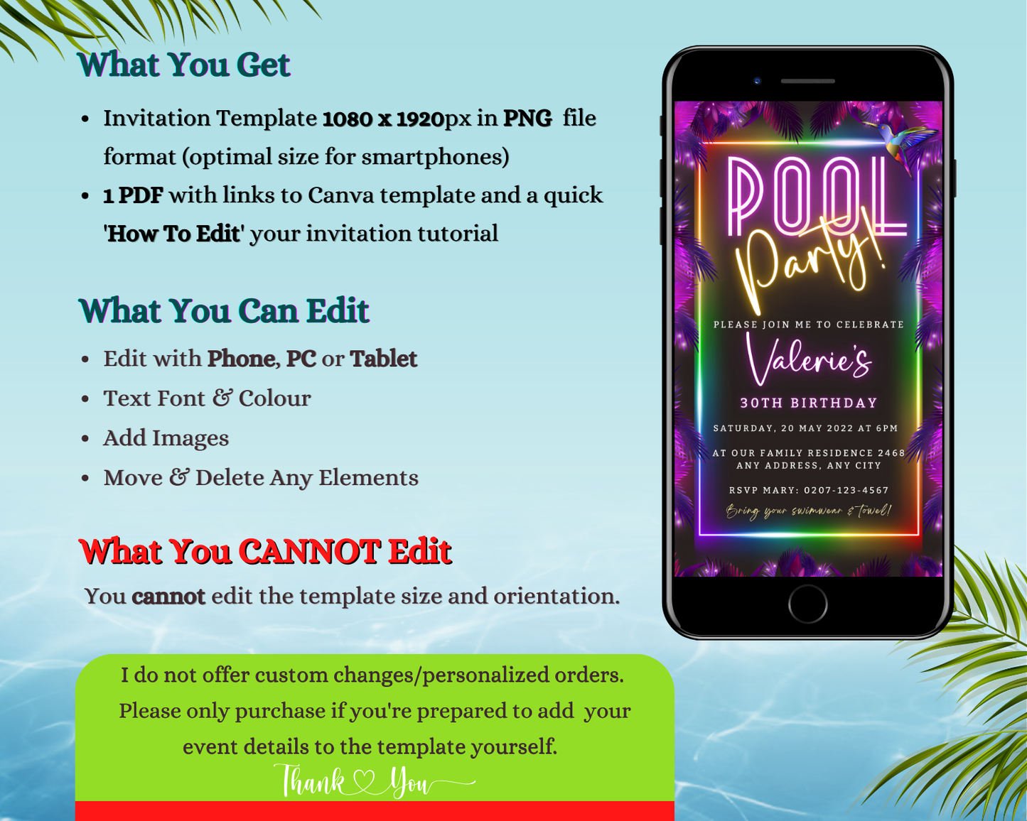 Tropical Neon Pool Party digital invite displayed on a cellphone screen, customizable via Canva for easy electronic sharing.