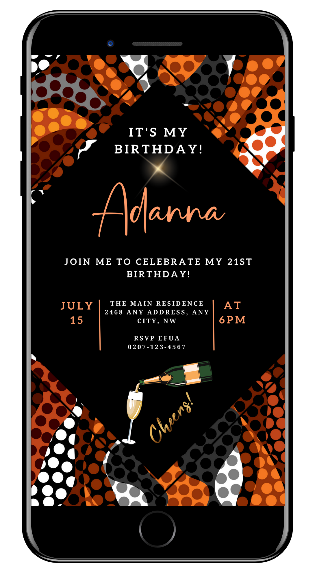 Orange Black African Ankara editable party evite displayed on a smartphone screen, featuring a black background with orange and white text and champagne bottle graphic.