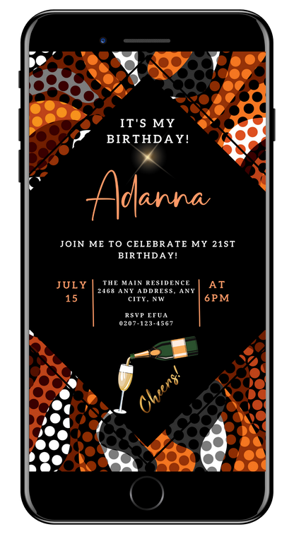 Orange Black African Ankara editable party evite displayed on a smartphone screen, featuring a black background with orange and white text and champagne bottle graphic.