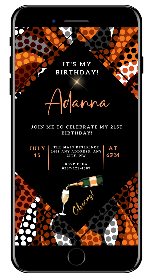 Orange Black African Ankara editable party evite displayed on a smartphone screen, featuring a black background with orange and white text and champagne bottle graphic.