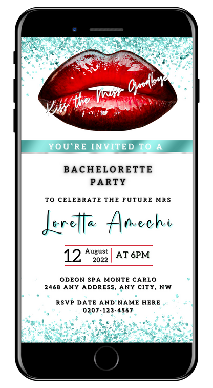 Customizable digital invitation template featuring red lips graphic on a smartphone screen for bachelorette parties, editable via Canva for text and event details.