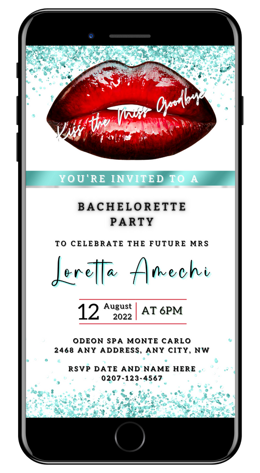 Customizable digital invitation template featuring red lips graphic on a smartphone screen for bachelorette parties, editable via Canva for text and event details.