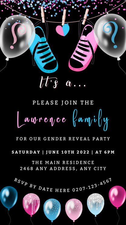 Gender reveal evite with baby shoes and balloons, customizable using Canva for smartphones. Perfect for digital sharing via text, email, or social media.