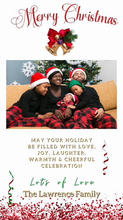 Family on couch with baby, showcasing the Gold Red Bell Confetti Glitter Merry Christmas Greeting Ecard, editable via Canva for personalized digital invitations.