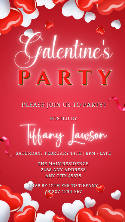 Red White Boarder Hearts Galentines Party Evite, featuring customizable red and white heart-themed invitation template, editable via Canva, ideal for digital sharing on smartphones.