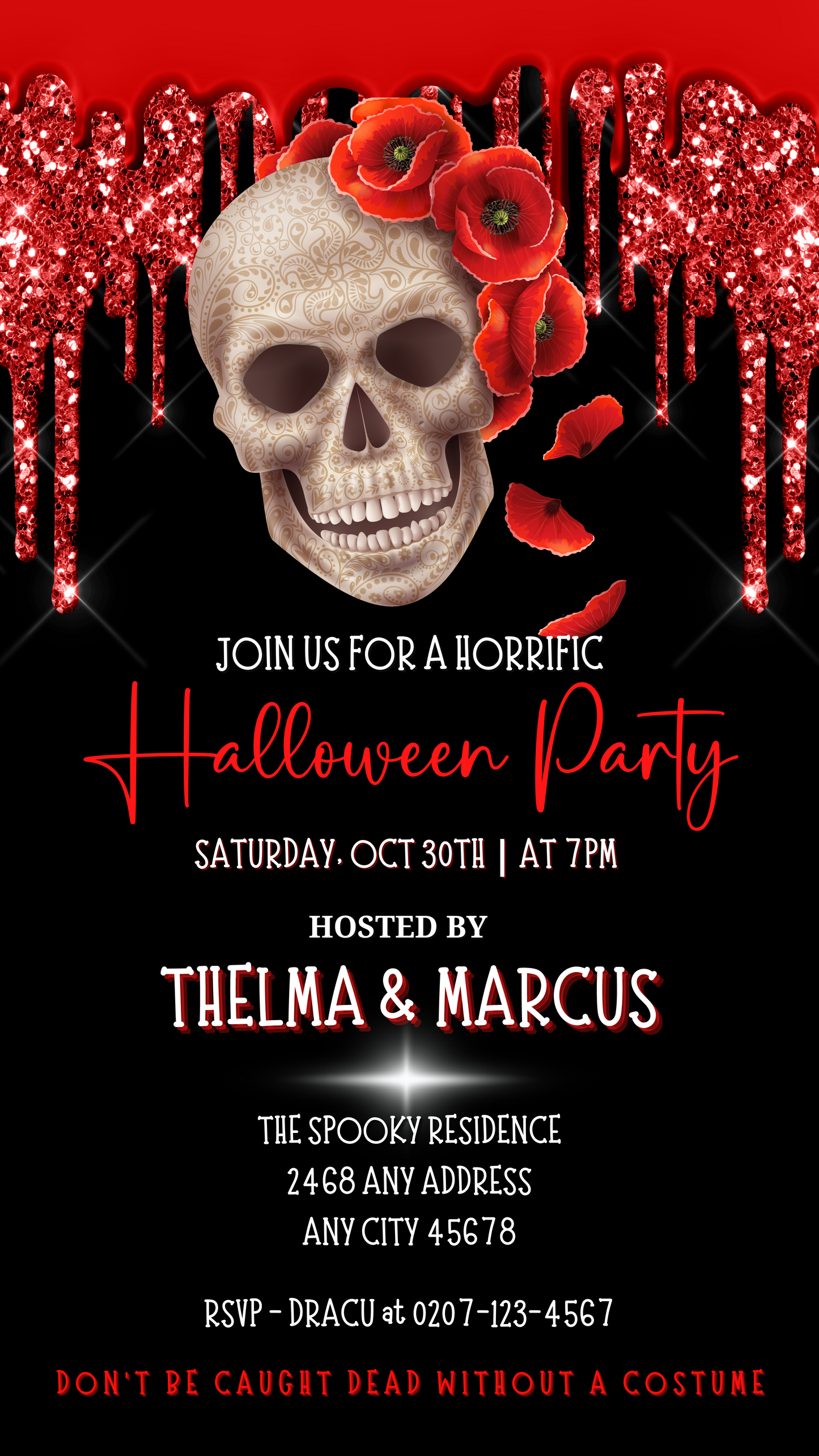 Dripping Red Black Fancy Rosey Skull Halloween Evite featuring a skull with flowers, customizable via Canva for digital invitations.