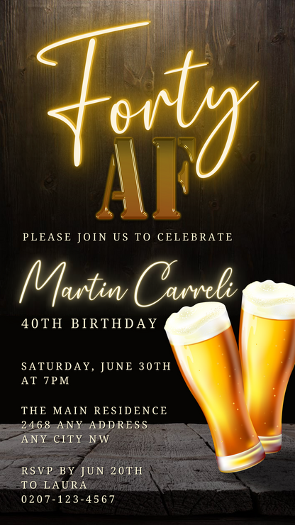 Gold Neon Beer | Forty AF Party Evite featuring two beer glasses and customizable text for a digital birthday invitation. Editable via Canva for easy sharing.