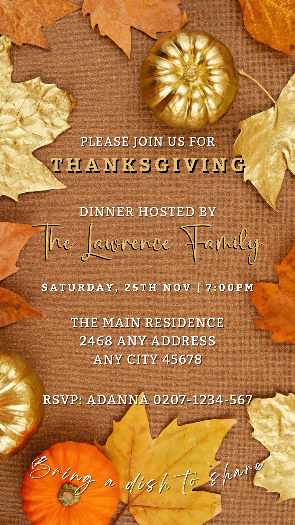 Thanksgiving evite with gold leaves and pumpkins, customizable via Canva.